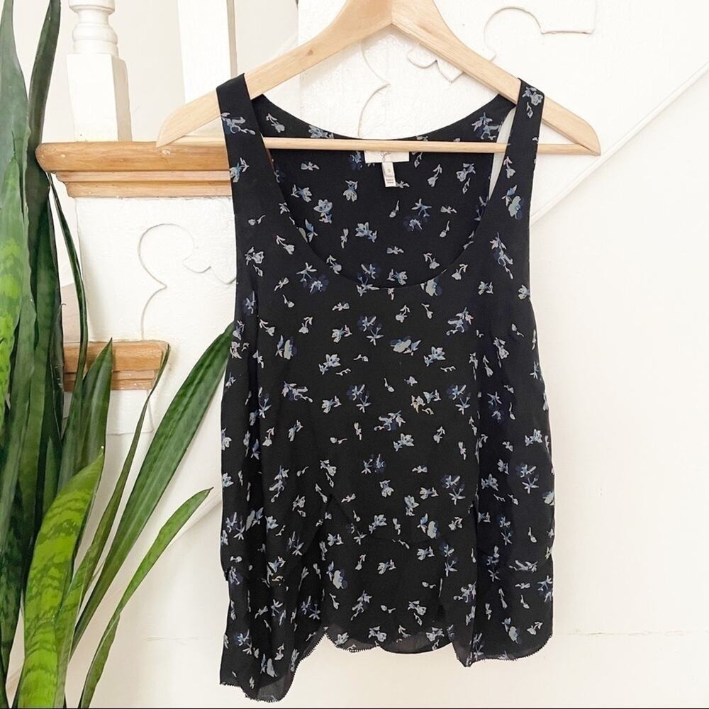 Joie Black & Blue Floral Print Sleeveless Scalloped Hem Jira Silk Top Size S